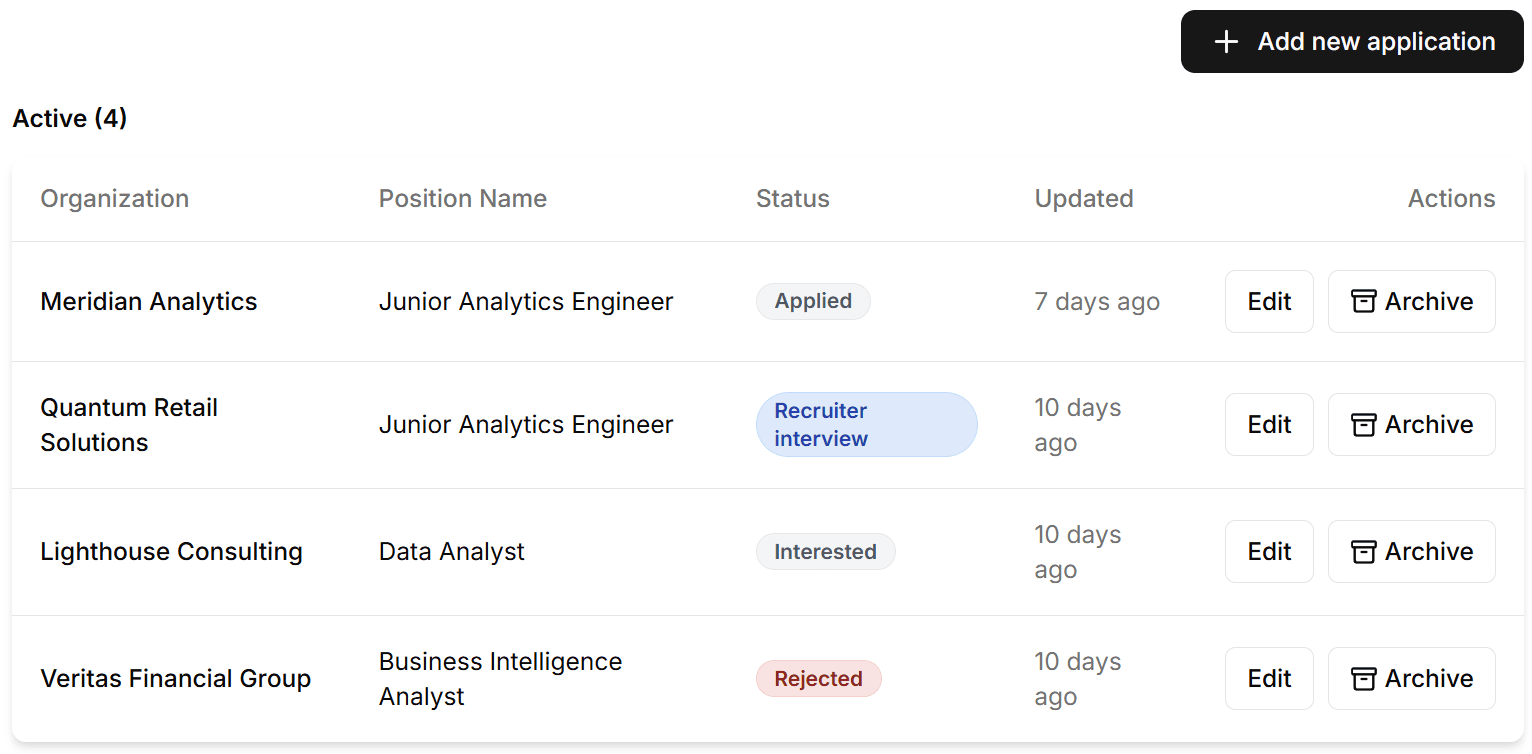 Screenshot of main dashboard with 5-7 plausibly real applications