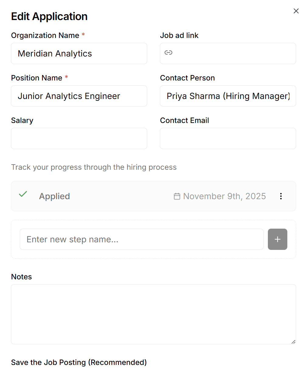 Screenshot of the 'Detail View' for a specific application showing notes and CV version